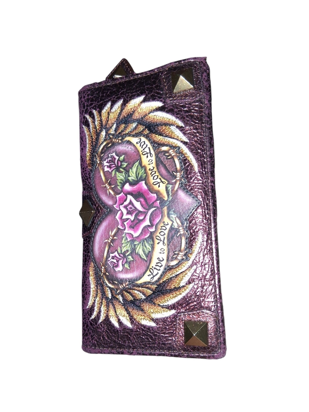 Isabella Fiore Purple Metallic Crackle Leather Live to Love Tattoo Wallet Studde